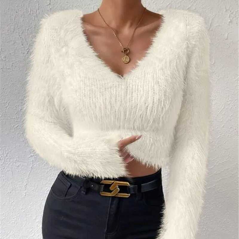 Women's Sweaters Women's Sexy V Neck Long Sleeve Slim Sweater Korean Style Solid Color Cropped Top Fall/Spring Casual Knitted Pullover H26