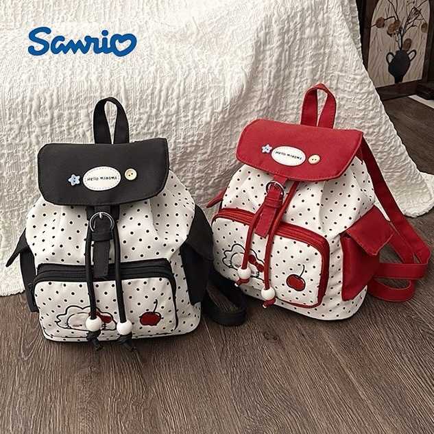 Sanrio Backpacks Korean-style ins cartoon Hello Kitty backpack for women with drawstring design cute polka dots large capacity versatile handbag L26