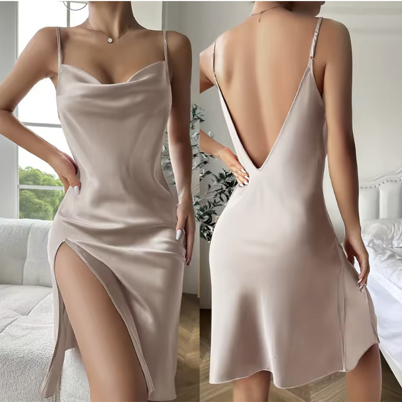 Suspender Skirt Dress for Women Comfortable Pajamas Summer Solid Satin Imitation Silk Sexy Backless Nightgown dongdumaoyi