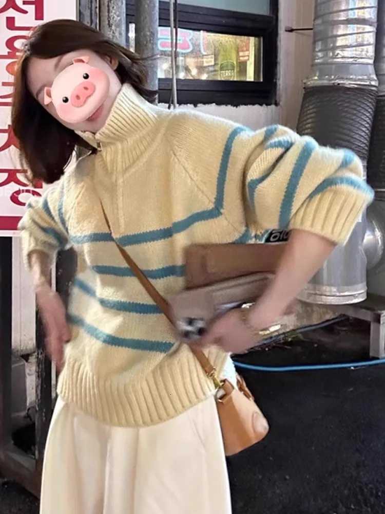 Women's Sweaters New Sweater Women 2025 Autumn Zipper Stripe Knitted Tops Female Long sleeve Warm Pullovers Ladies Loose Warm Jumpers J512 D260