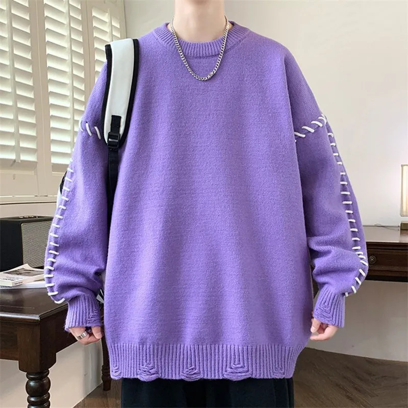 Autumn Winter Hip Hop Knitted Sweater Men Patchwork Hole Loose Knit Pullovers Mens Fashion Streetwear O-Neck Fashion Sweaters 260921