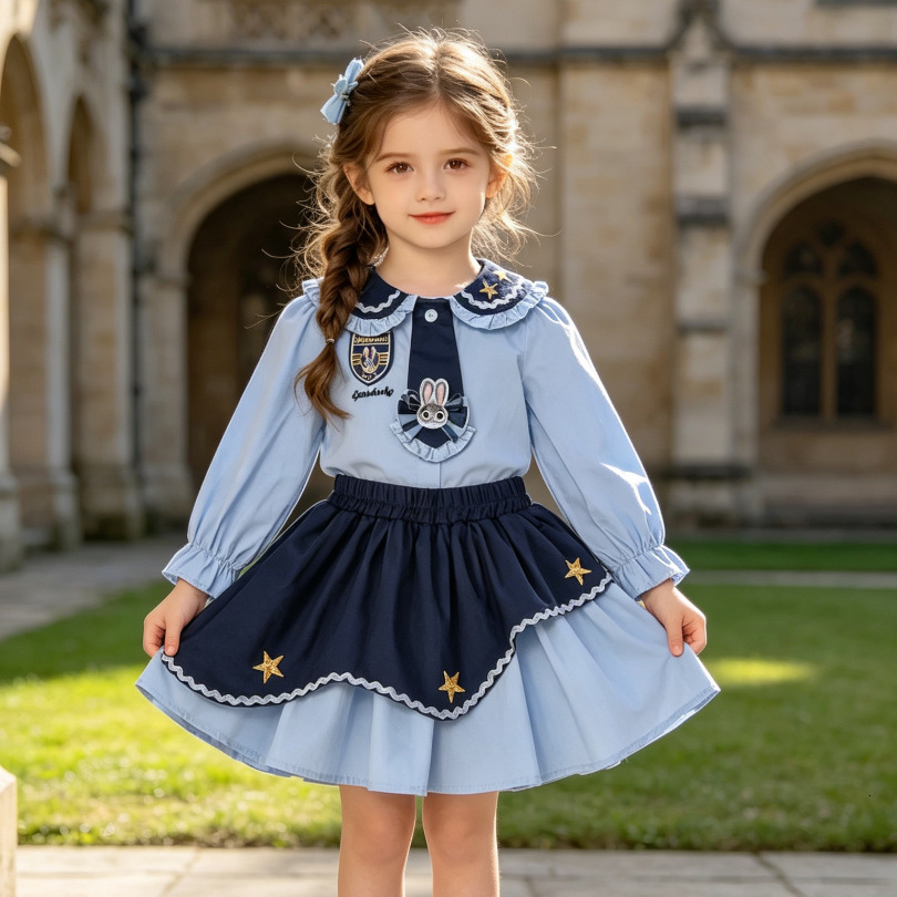 Girls' 2026 rabbit police officer outfit, spring autumn new style, fashionable top and pleated skirt two-piece set for baby girls
