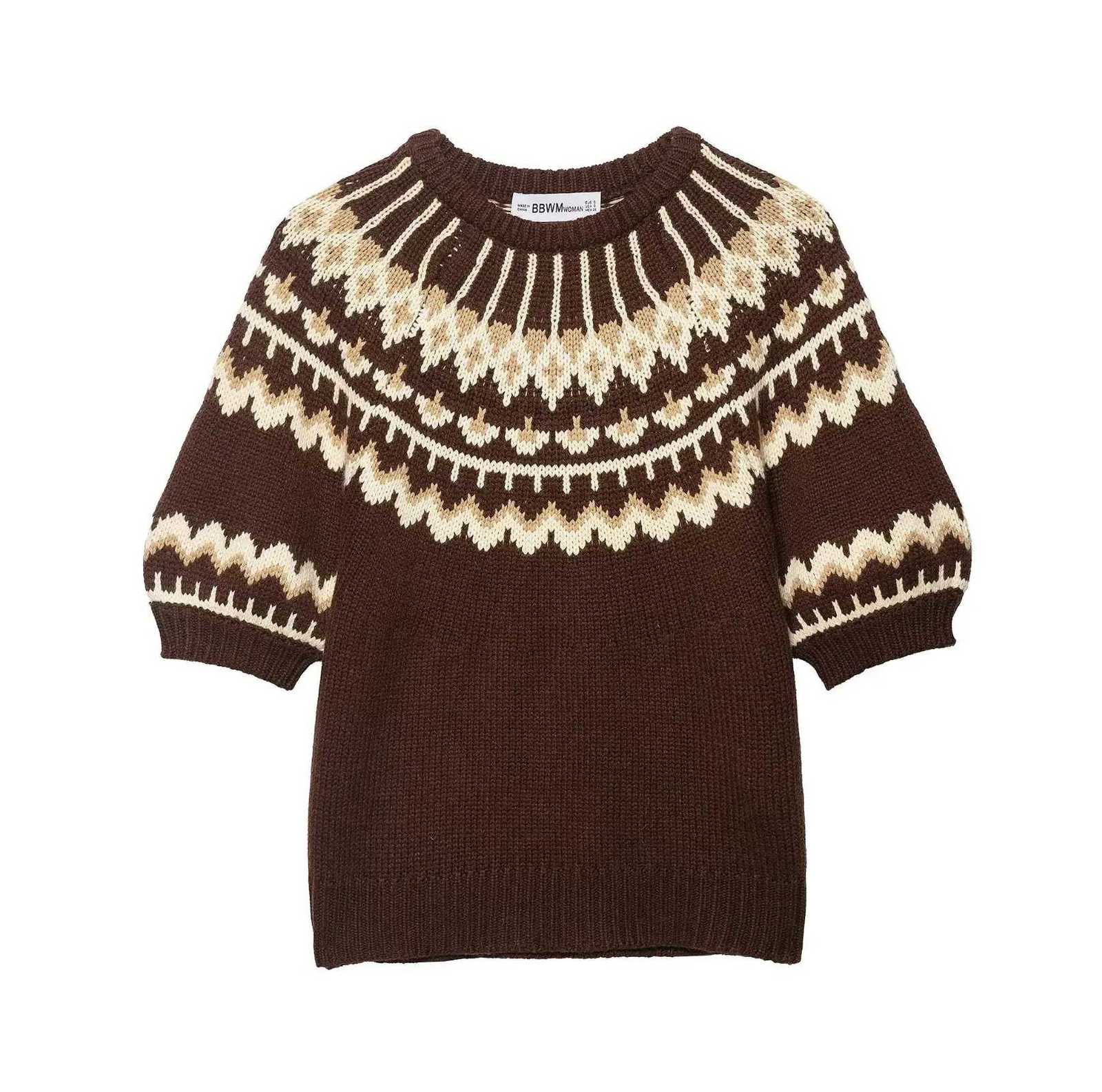 Women's Sweaters Zevity New Women Vintage Fair Isle Flower Pattern Crochet Knitting Sweater Female Chic Short sleeve Pullovers Coat Tops SW9490