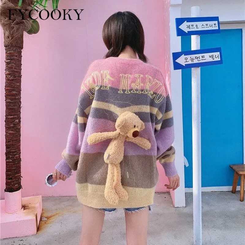 Women's Sweaters 2025 New Sweet Rainbow Striped Sweater Women Bear Outwear Oversized Sweater Korean Loose O-neck Long Sleeve Knitted Pullovers
