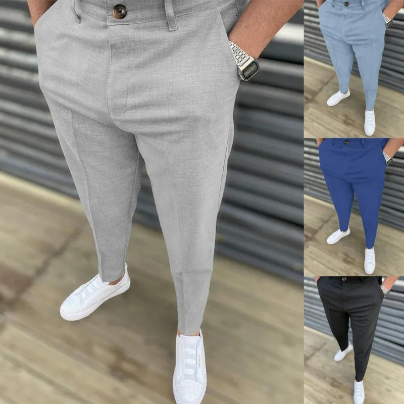 KIDWHXR Men Pencil Pants Vintage Simple Solid Pocket Breathable Male Suit Trousers Slim Mid Waist Business Casual Man Pants 260922