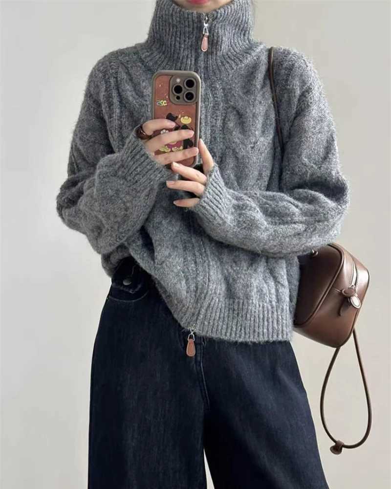Women's Sweaters Women's Thickened Turtleneck Twist Zipper Cardigan Sweater Stand-Up Neck Knitted Jacket Lazy Wind Style Autumn Winter Out