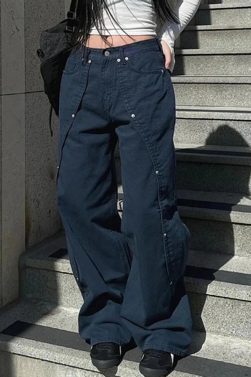 Jeans for Woman Y2k Clothes Relaxed Loose Fit Wide Leg Trousers Vintage American Retro Style with Rivet Patchwork Split n 260922