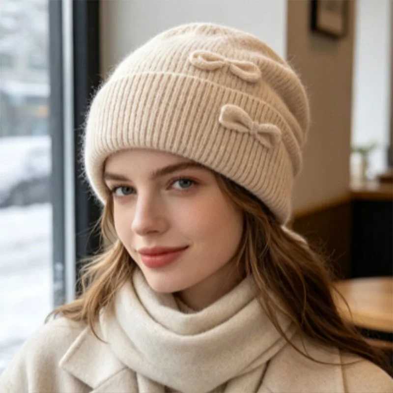 Women Knit Beanie Hat with Double Bow Winter Warm Soft Ribbed Skull Cap Sweet Lady Casual Knitted Cold Hat for Autumn Winter Z260922