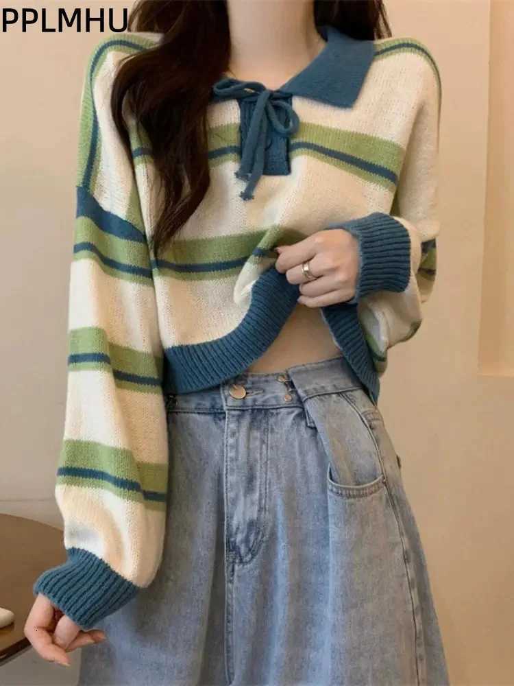Women's Sweaters Striped Turn-Down Collar Knitted Sweater Women's Casual Korean Fashion Bottom Pullovers Short Long sleeved Soft Tops Suet