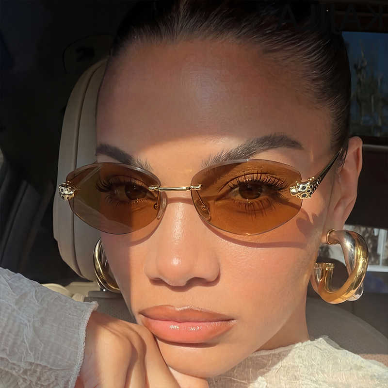 Hexagon Sunglasses Rimless Punk Sunglasses Women 2026 Luxury Designer Gold Leopard Head Outdoor Oval Sun Glasses Female Black Trendy ShadesT260923
