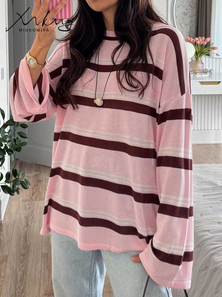 Women's Sweaters MiuKoMiYa Women Pink Stripe Knit Thin Sweater Oversized Viscose Soft Loose Tops Early Autumn Knitted Pullovers For Women T Shi
