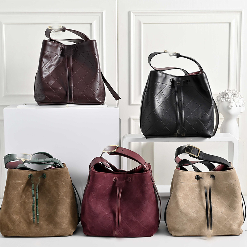 Black Quilted Drawstring designer Bucket Bag Real Leather high quality for women soft suede handbags string close casual Retro brown shoulder bag