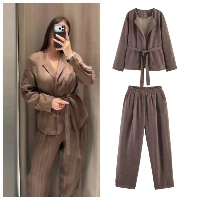 Womens Pants Set Two Piece 2026 Spring Autumn Casual ONeck Long Sleeves Blazer Striped Trousers 2 Piece Set Female Outfit 260921
