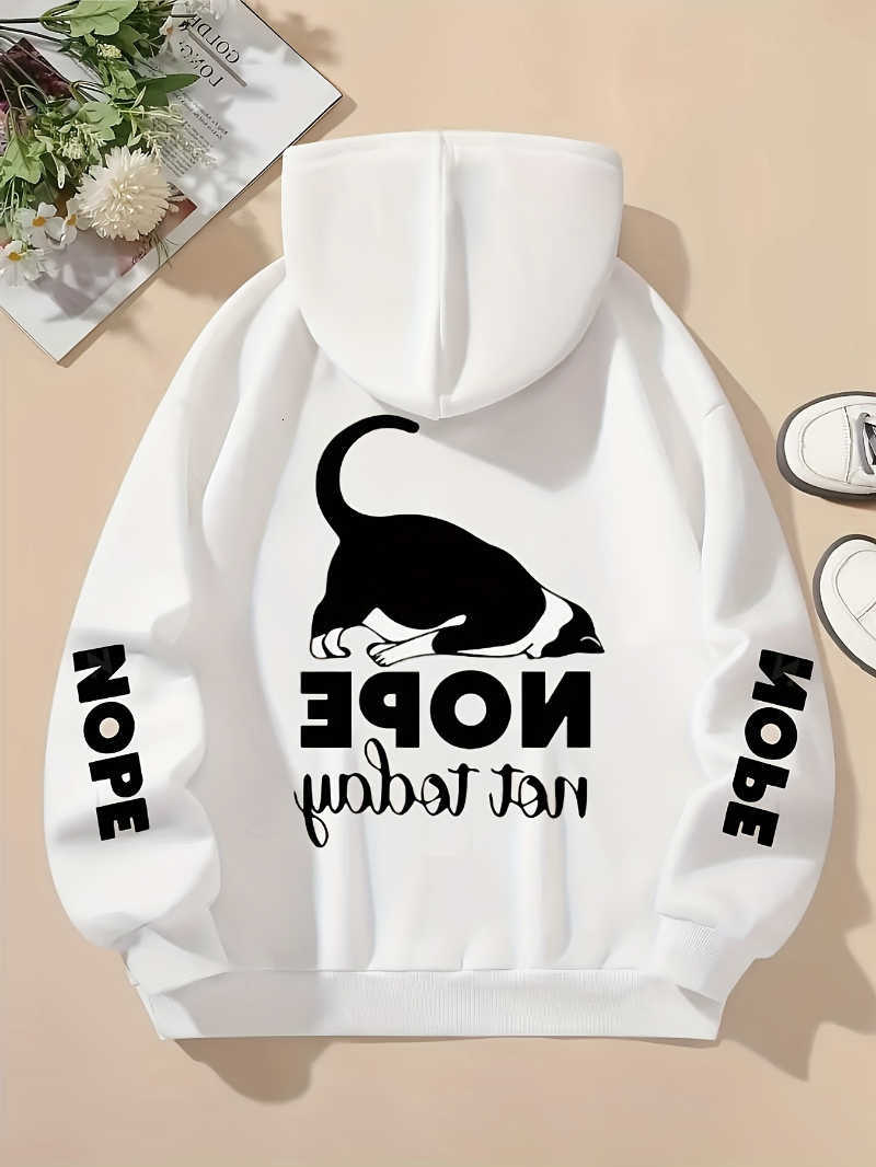 Not Sweatshirts Nope Women's Hoodies Today Prints Hoodies Womens Cute Cat Pullovers Loose Pocket Tops Warm Sweatshirts Winter Casual Woman Clot