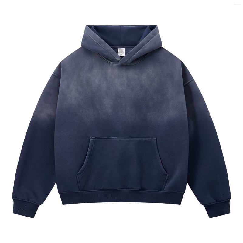 Vintage Navy Blue Spray Wash Plush Hoodies For Men Oversized Fleece Hooded Pullover Autumn And Winter Cotton Clothing Warm