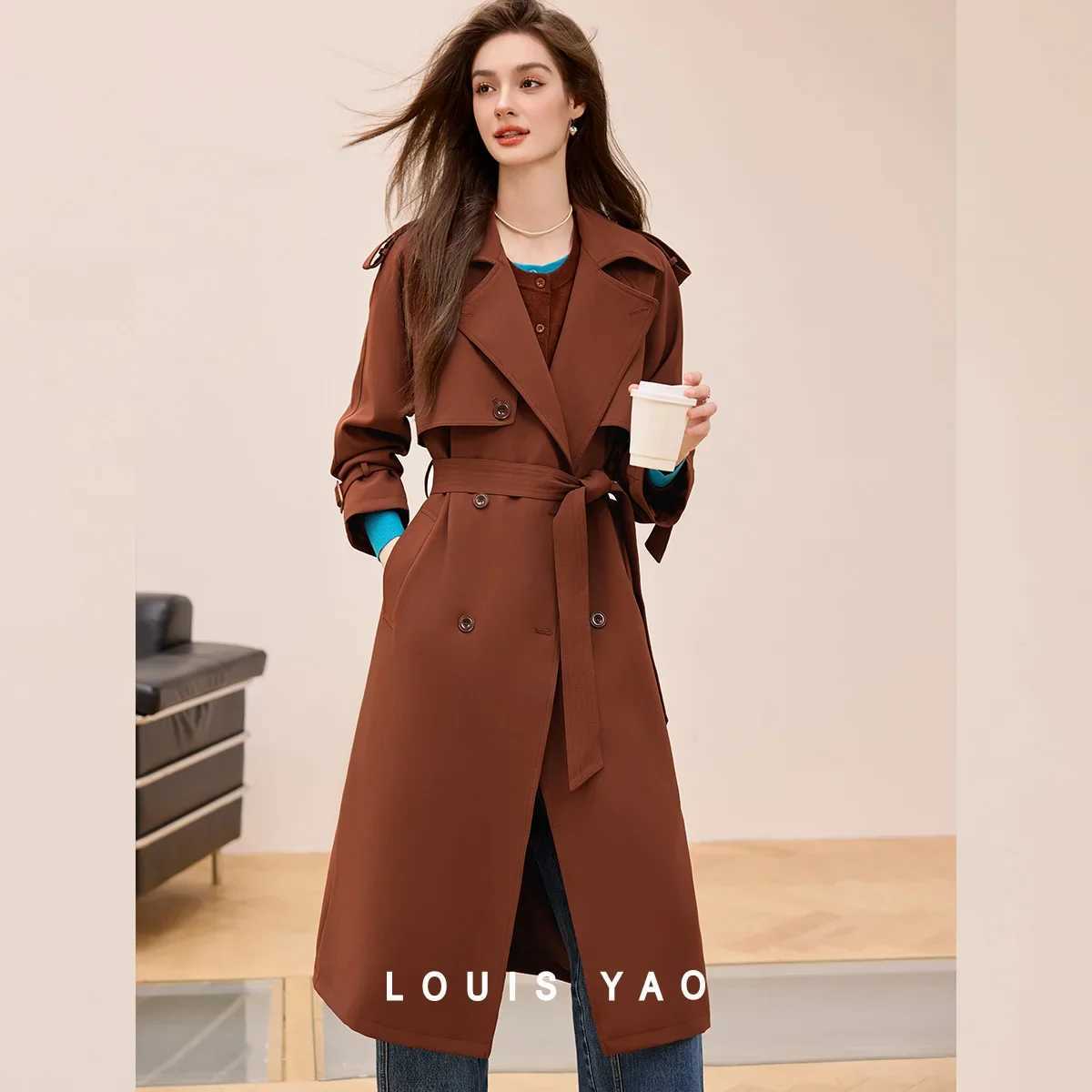 Long LOUIS YAO Double-Breasted Trench Coat 2025 Spring/Autumn Simple Elegant Loose Fit Belted Slimming Women's Outerwear M260922