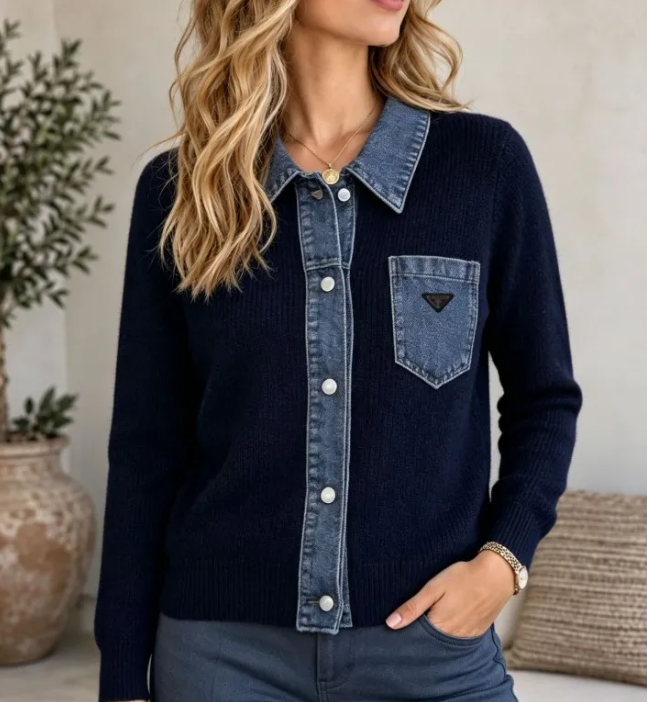 Women's Sweaters luxury polo collar spliced denim knit cardigan designer sweater fashion women's loose top