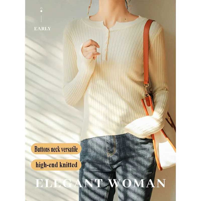 Women's Sweaters Women Knitted Sweater Fashion Button-Up O-Neck Stripes Knit Pullovers Female Spring Autumn Solid Slim Casual Basic Sweaters H2