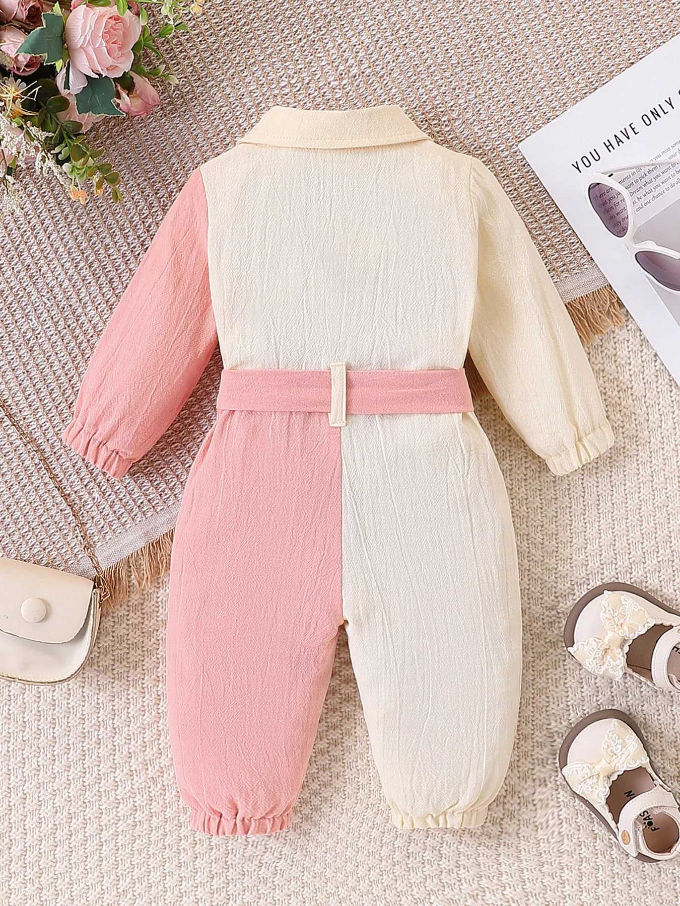 Long-Sleeved Jumpsuit with Lapel and Button Closure Waist Bow Tie Patch Pocket Design Soft Fabric Cute One-Piece Outfit for Spring and Autumn X26092