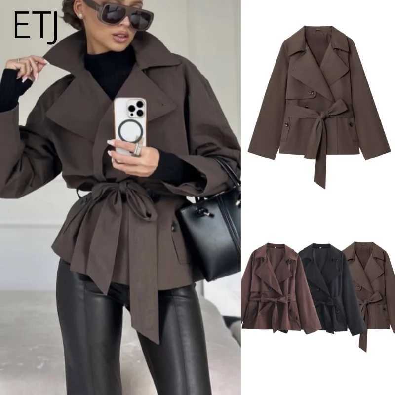 ETJ Autumn 2025 new collection women's British style lapel double-breasted Maillard color belt casual trench coat S2609236663