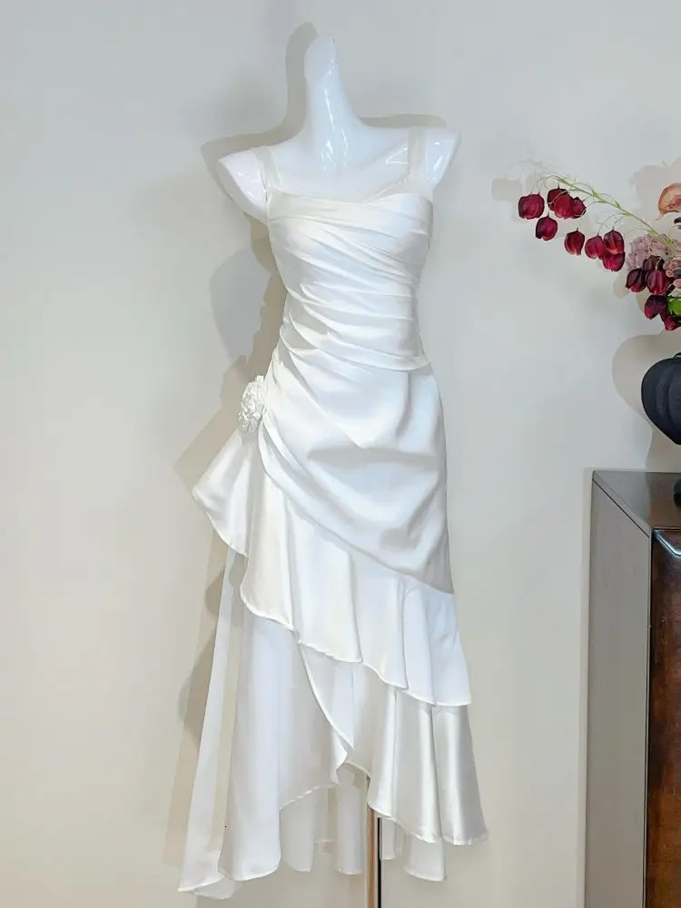 Summer French Slim Birthday Party Dress Women Casual Sleeveless White Long Dresses Korean Fashion Elegant Evening Dress 260922