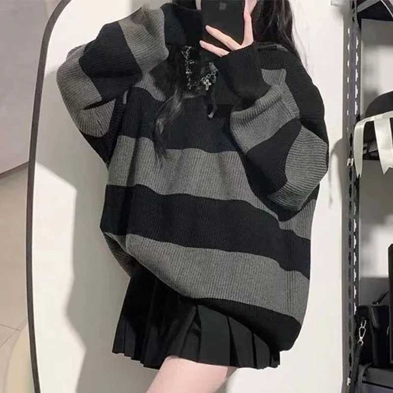 Women's Sweaters Gidyq Women Knitted Sweatshirt Korean Fashion Stripe Female Loose Long Sleeve Sweater Casual Streetwear Jumper Autumn New H260