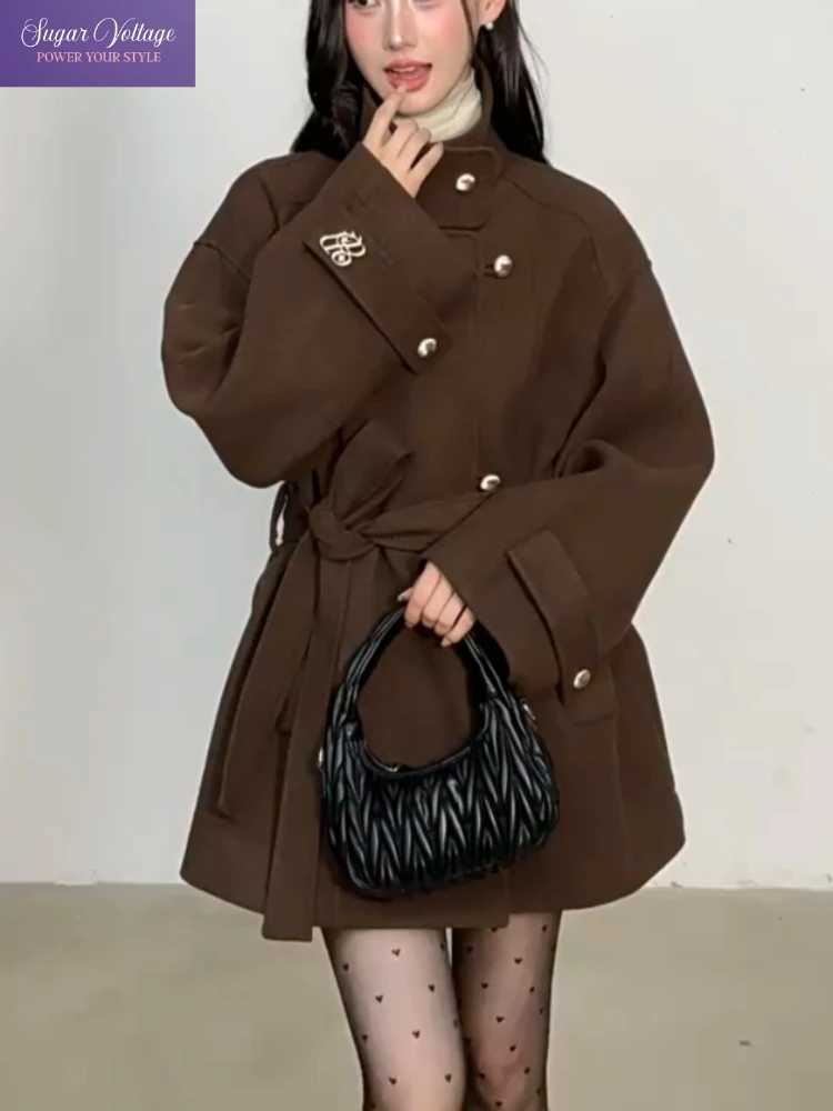 Korean Fashion Vintage Brown Wool Coat Women Autumn Winter Belted Waist Double Breasted Woolen Overcoat Elegant Casual Outwear S260923DW9Y