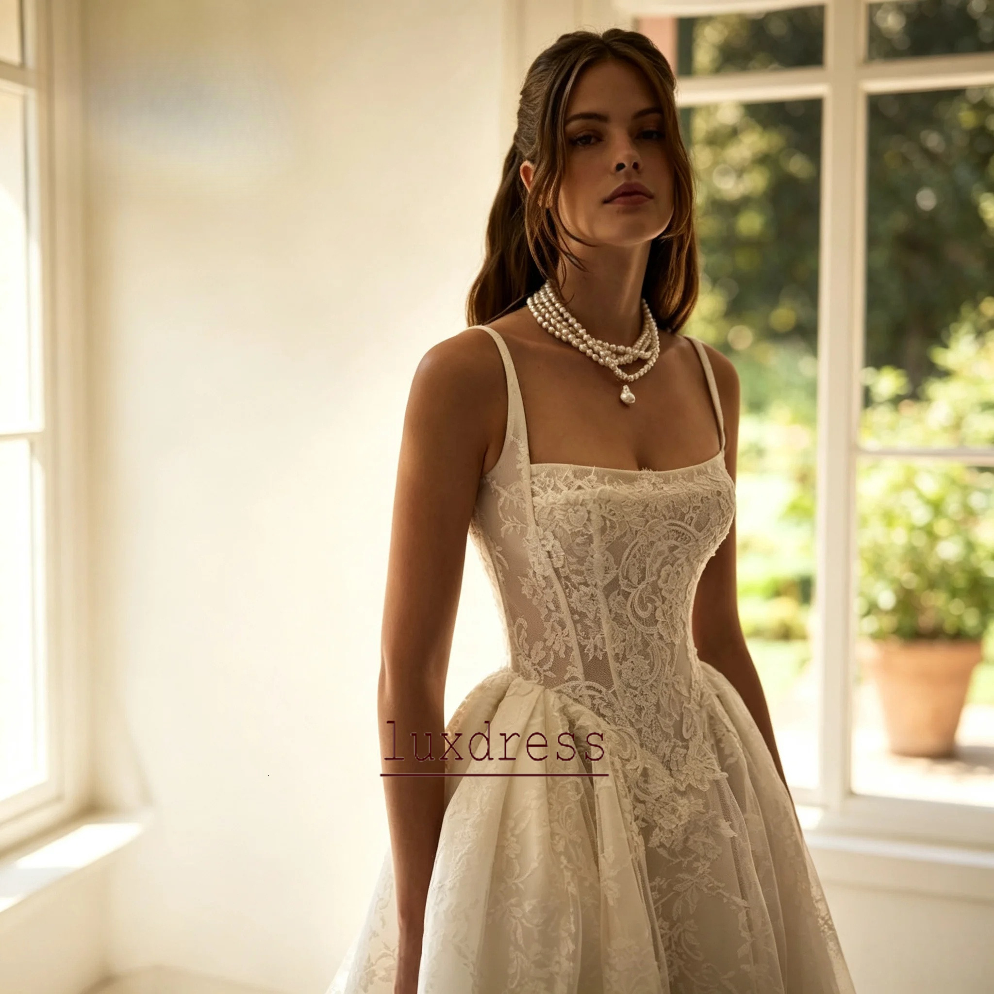 White Ivory Lace Satin Wedding Dresses A Line Spaghetti Strap Appliques Floor-Length Formal Bride Wedding Gowns Custom Made