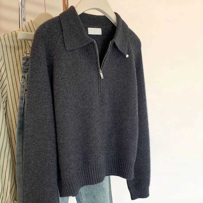 Women's Sweaters Dark Gray Collar Half Zipper Sweater Women Autumn And Winter 2025 New Lapel Small Sweater Top D260923