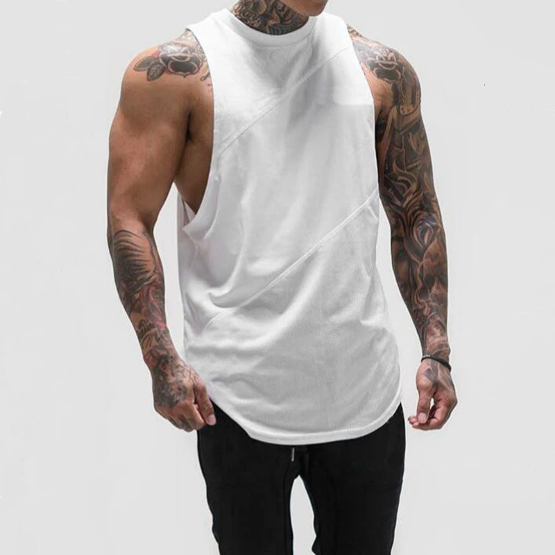 Plain Patchwork Mesh Tank Tops Summer Jogging Clothes Gym Fitness Sports Sleeveless Shirts Mens Bodybuilding Muscle Vests 260922