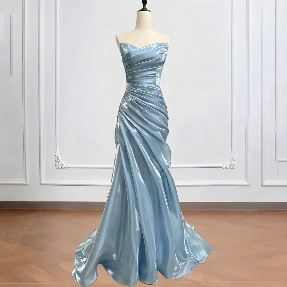 New Light Blue Mermaid Evening Formal Dresses Strapless Pleats Satin Long Prom Pageant Party Gowns Celebrity Birthday Vestidos De Feast Gala