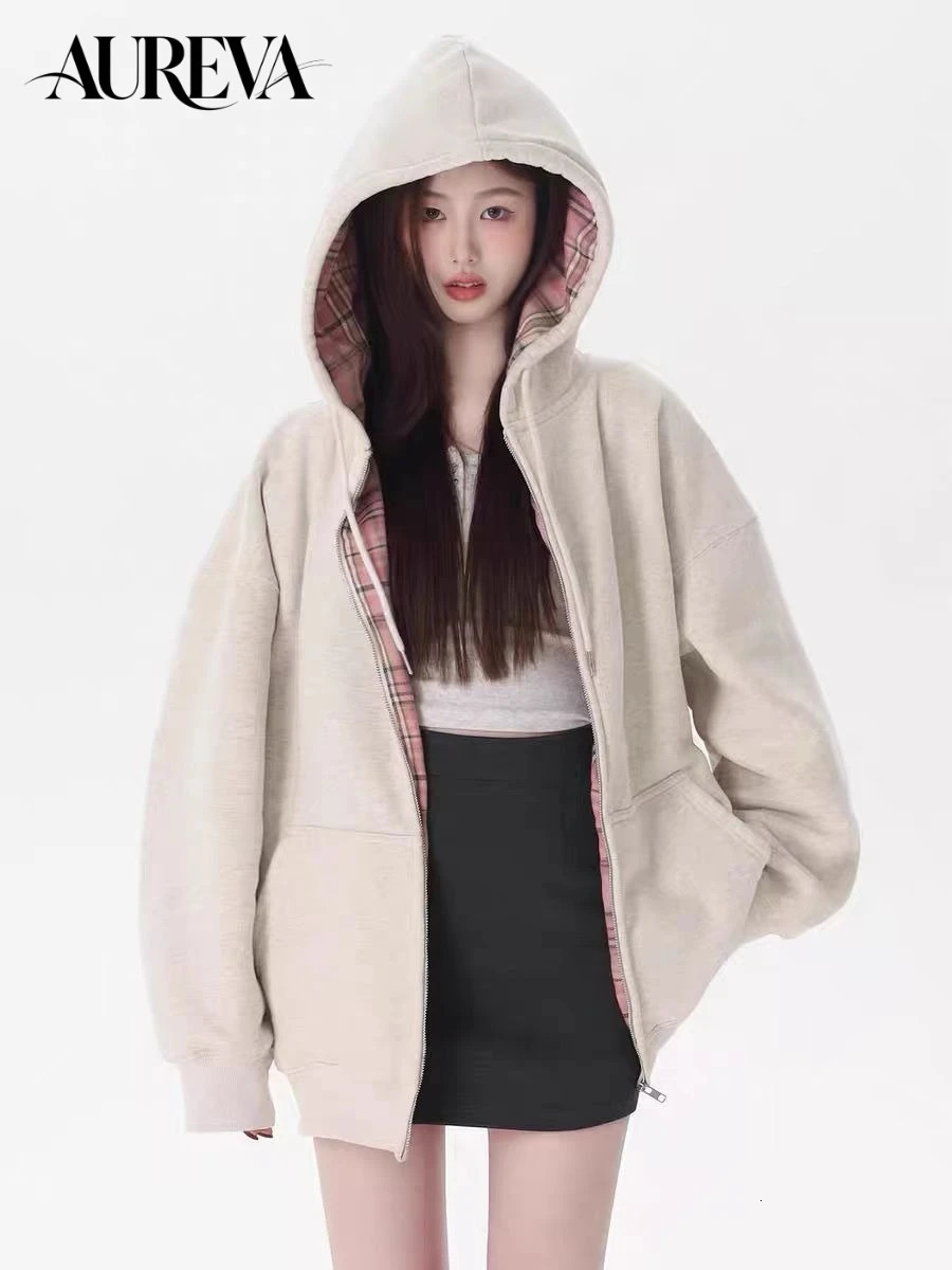 2026 Autumn Winter Women Hoodie Korean Campus Style Plaid Spliced ZipUp Jacket Loose Fit ner Long Sleeve Hooded Outerwear w260923