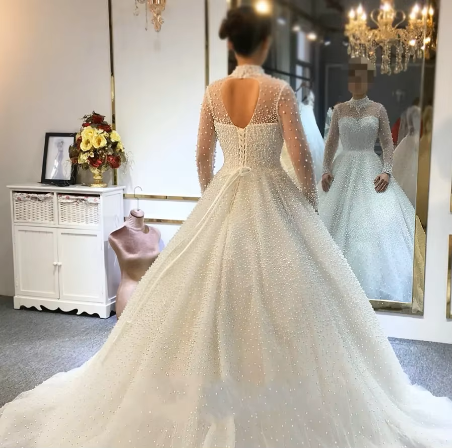 Luxury Arabic Dubai Church Wedding Dresses High Neck Full Pearls Beading Princess A-line Bridal Gowns Bride Dress Vestidos De Novia