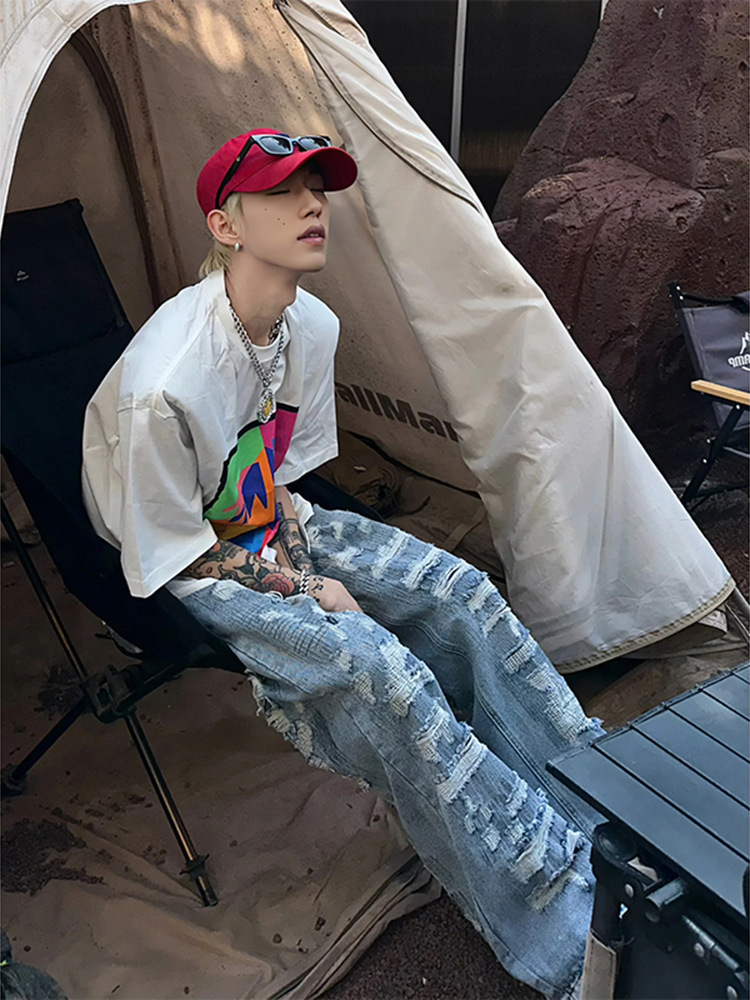Men's Vintage Ripped Jeans Y2K Distressed Destroyed Denim Pants Straight Leg Baggy Streetwear Casual Trousers