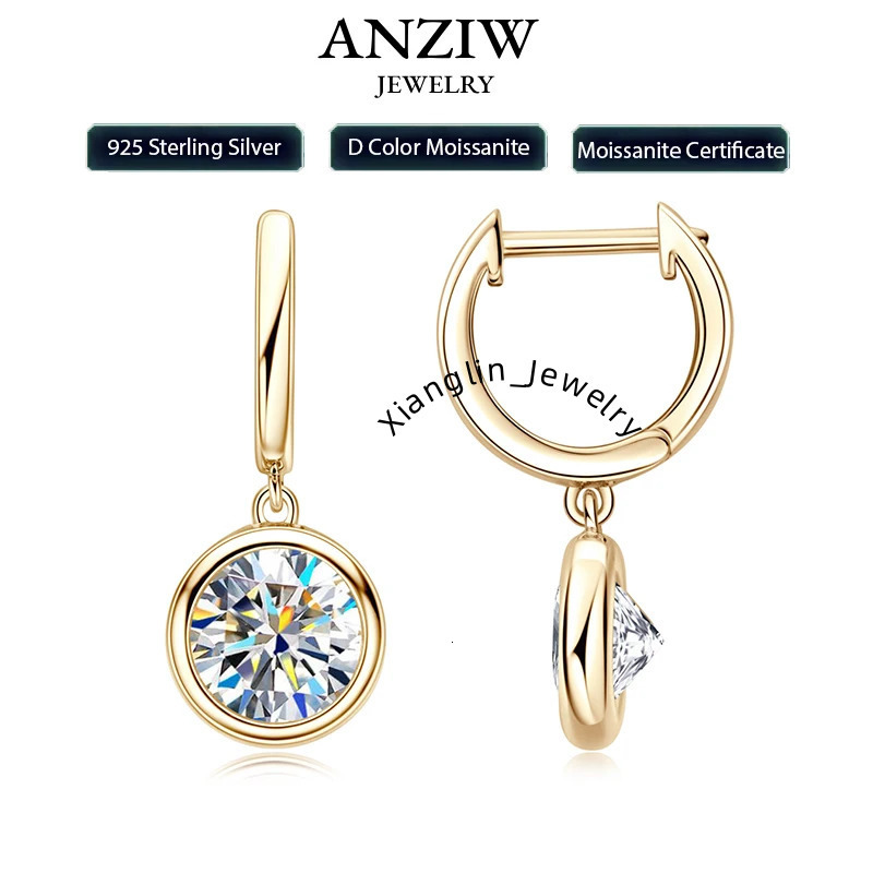 Anziw 2023 Trend Women's Gold Hoop Earrings Genuine 925 Silver 1CT 2CT Moissanite Drop Earring Wedding Jewelry With Certificate