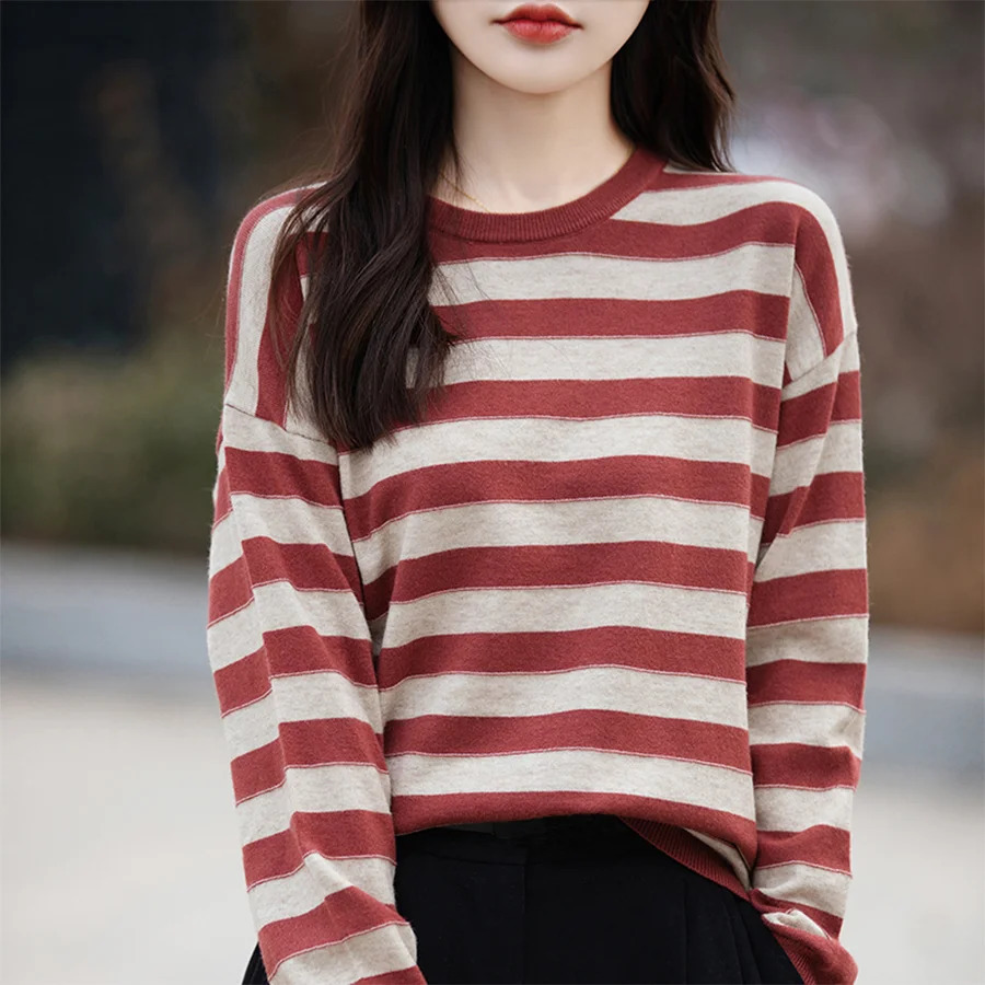 O-Neck Stripe Pullovers for Women Spring Summer Long Sleeve Casual Cotton Soft Thin Sweater T Shirt Girl Korea Fashion Tops 260918