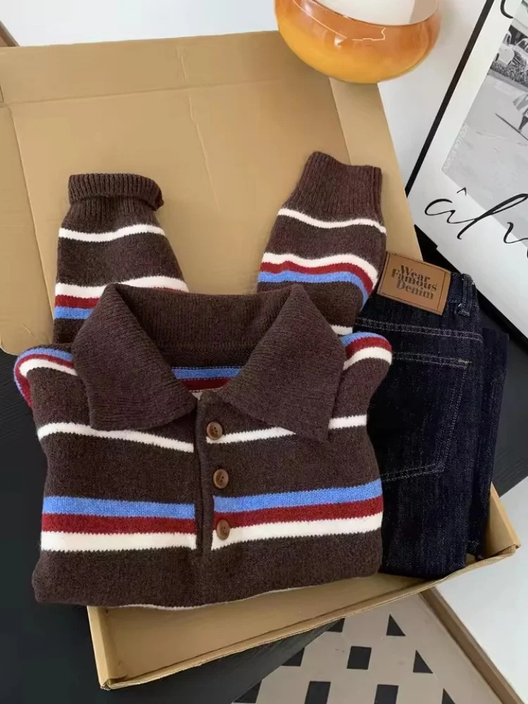 Retro Korean Striped Long Sleeves Lapel Knitted Sweater Womens Autumn Winter Casual Versatile Pullover Knitwear Top 260923