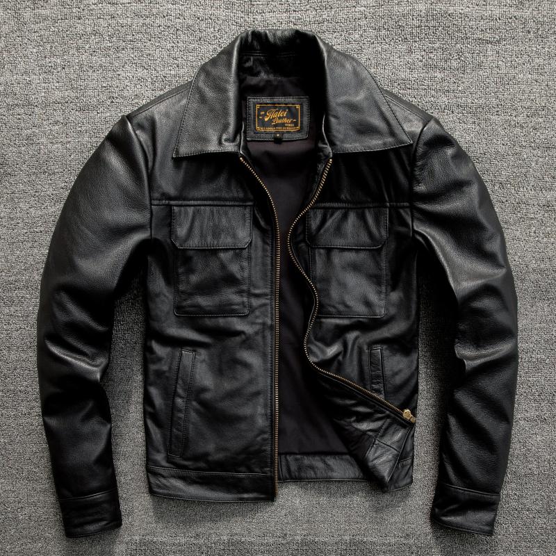 Men's Genuine Full Top Grain Calfskin Leather Jacket Slim Fit Short Lightweight Business Casual Coat For Spring Autumn