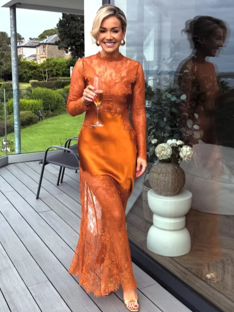Elegant Lace Mermaid Dress Satin Assembling Sexy Open Back Small Stand Collar Zipper Robe Evening Party Prom Lady Gown 260922