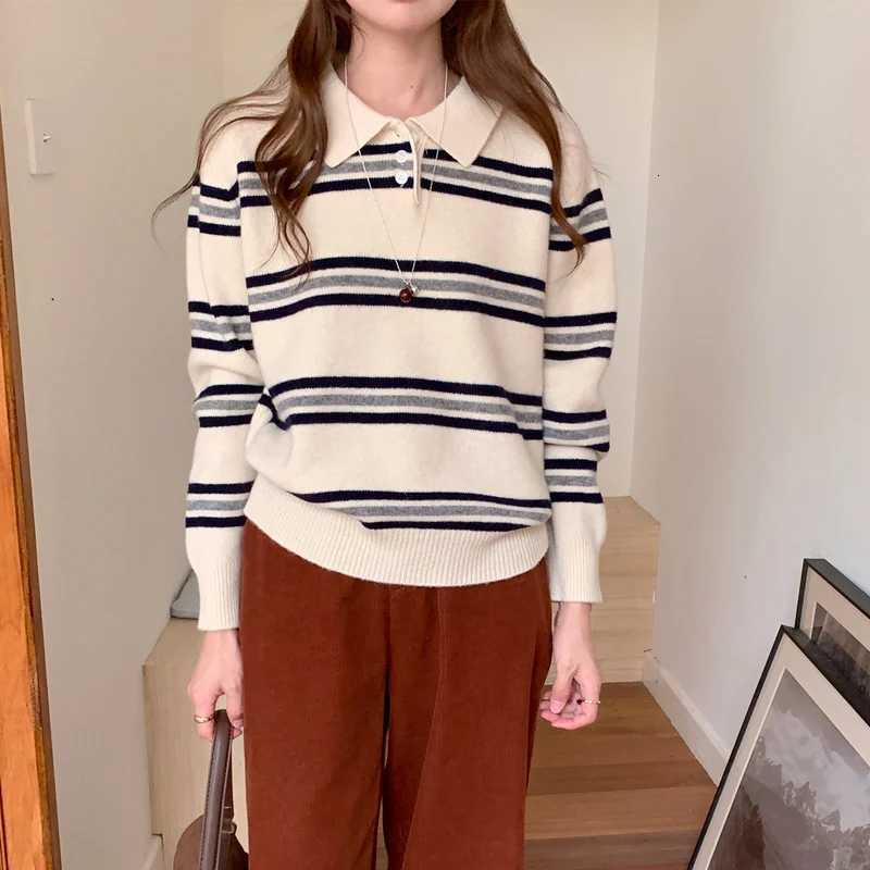 Women's Sweaters Autumn Winter New Arrival Women's Merino Wool Pullover Sweater Collar Horizontal Stripe Pattern Preppy Long sleeve Knit T