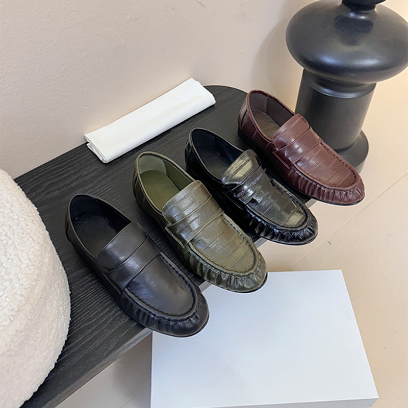 Top Quality Women Ruched Penny Loafers Backless Mules Designer Creased Genuine Leather Slip On Flat Dress Shoes Classic Daily Office Footwear 1192