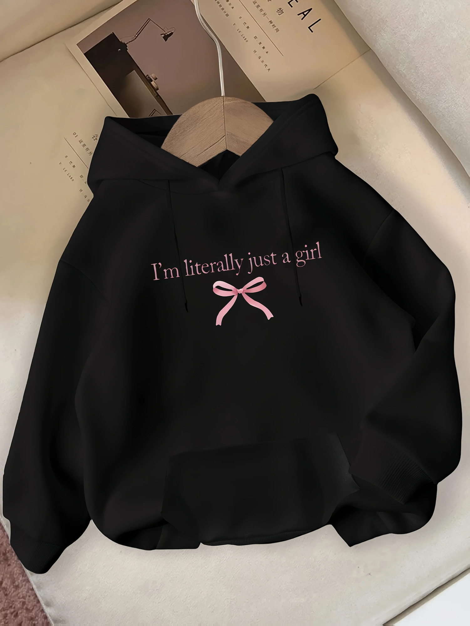 I'm Literally Just A Grill and Pink Bow Print Pattern for Autumn and Winter Women's Hooded Sweatshirt Round Neck Casual Clothing 260923