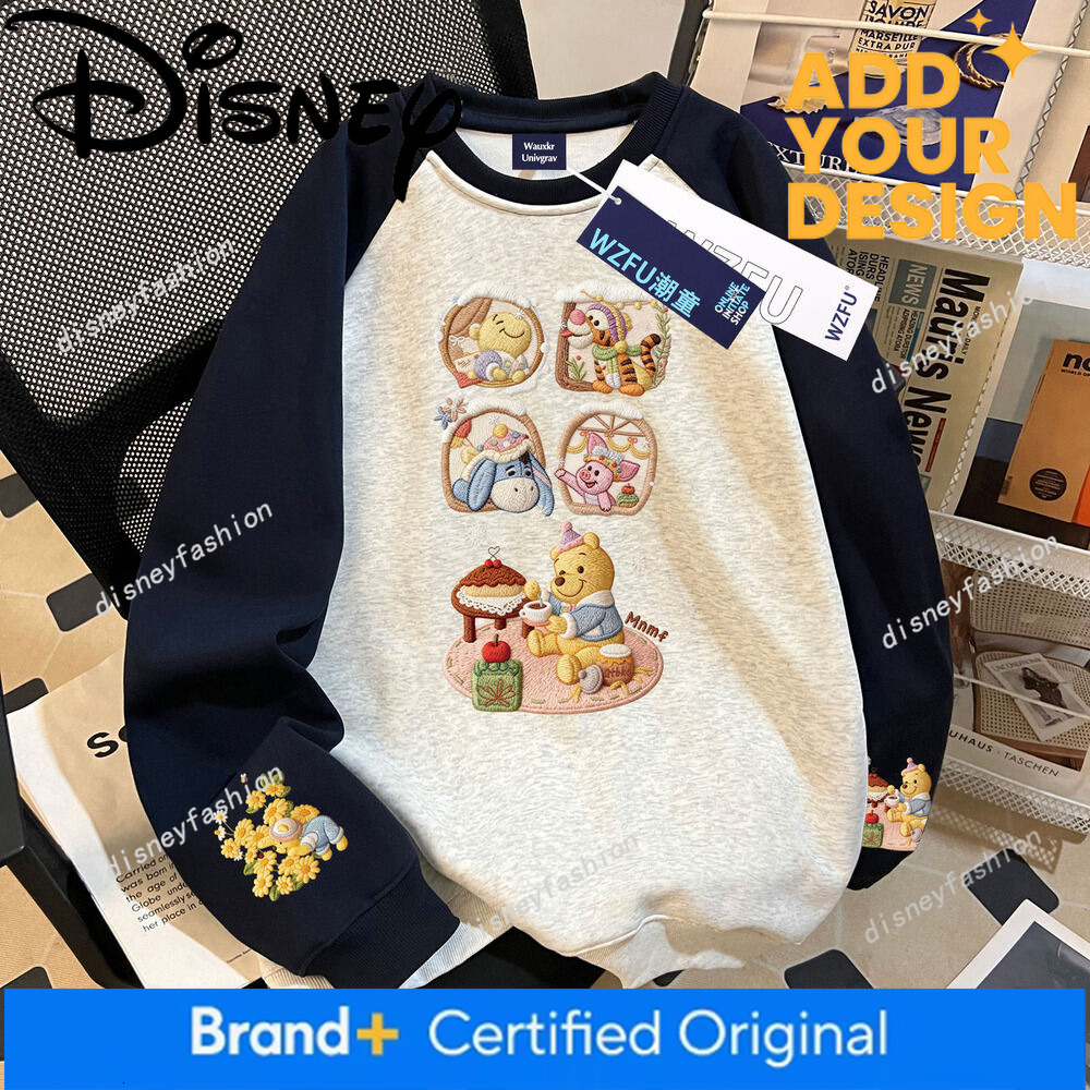 Sudadera raglán con cuello redondo y forro polar para niña con estampado de dibujos animados de Winnie the Pooh, nuevo estilo de otoño e invierno 20