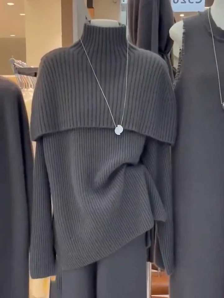 Women's Sweaters Women's High-Necked Cashmere Knitted Sweater Lazy Wind Leisure Style Autumn Winter Gray Wild Top Grade New H260923