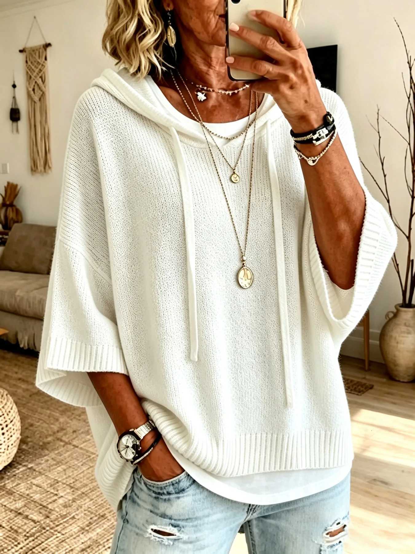 Women's Sweaters New Knit Hooded Drawstring Sweater Knit Outerwear for Women on Independent Standalone Site H260923