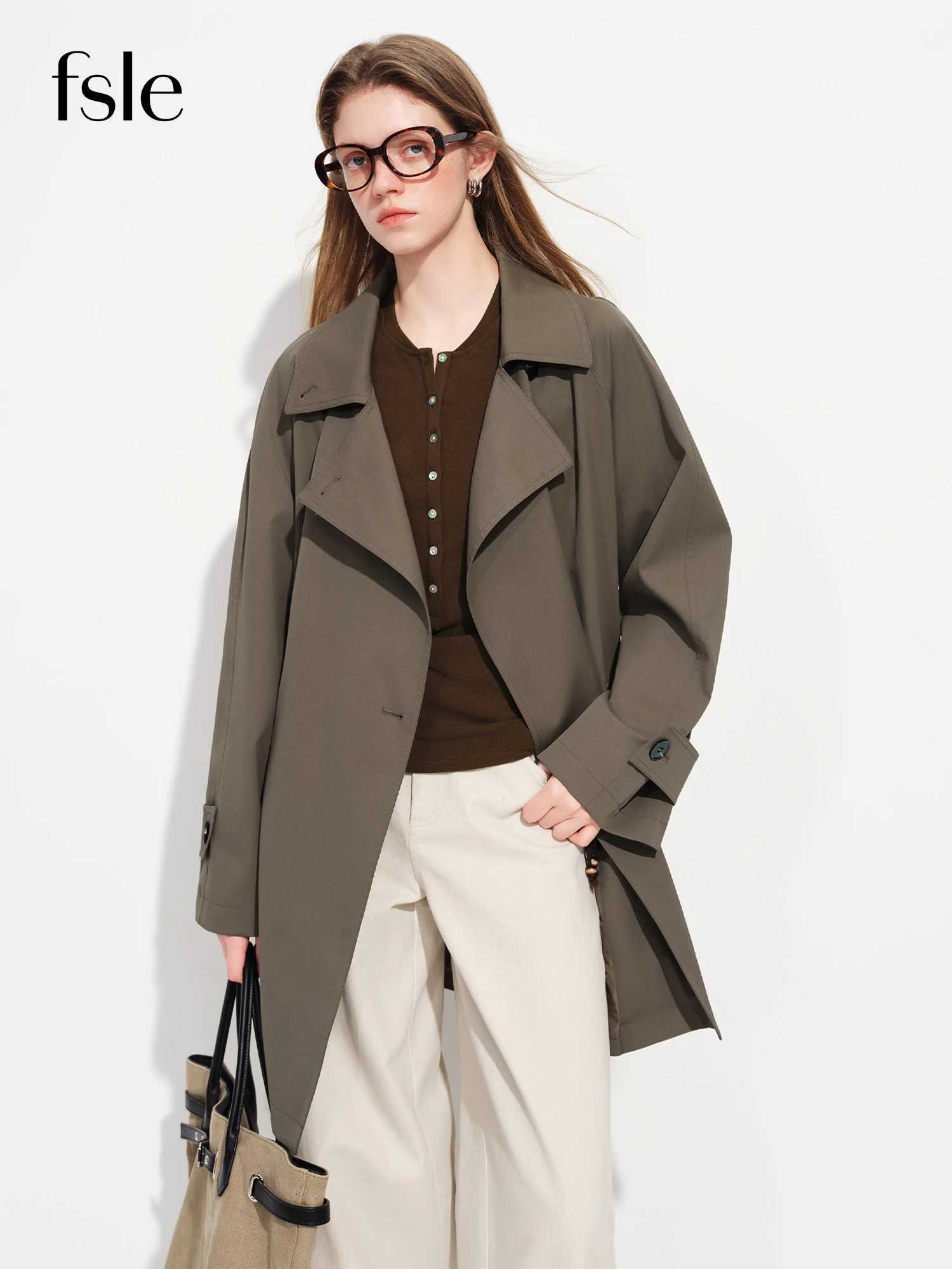 FSLE 2026 Spring Women's Khaki Relaxed Fit Mid-Length Trench Coat - British Style Double Breasted Casual Overcoat M260922