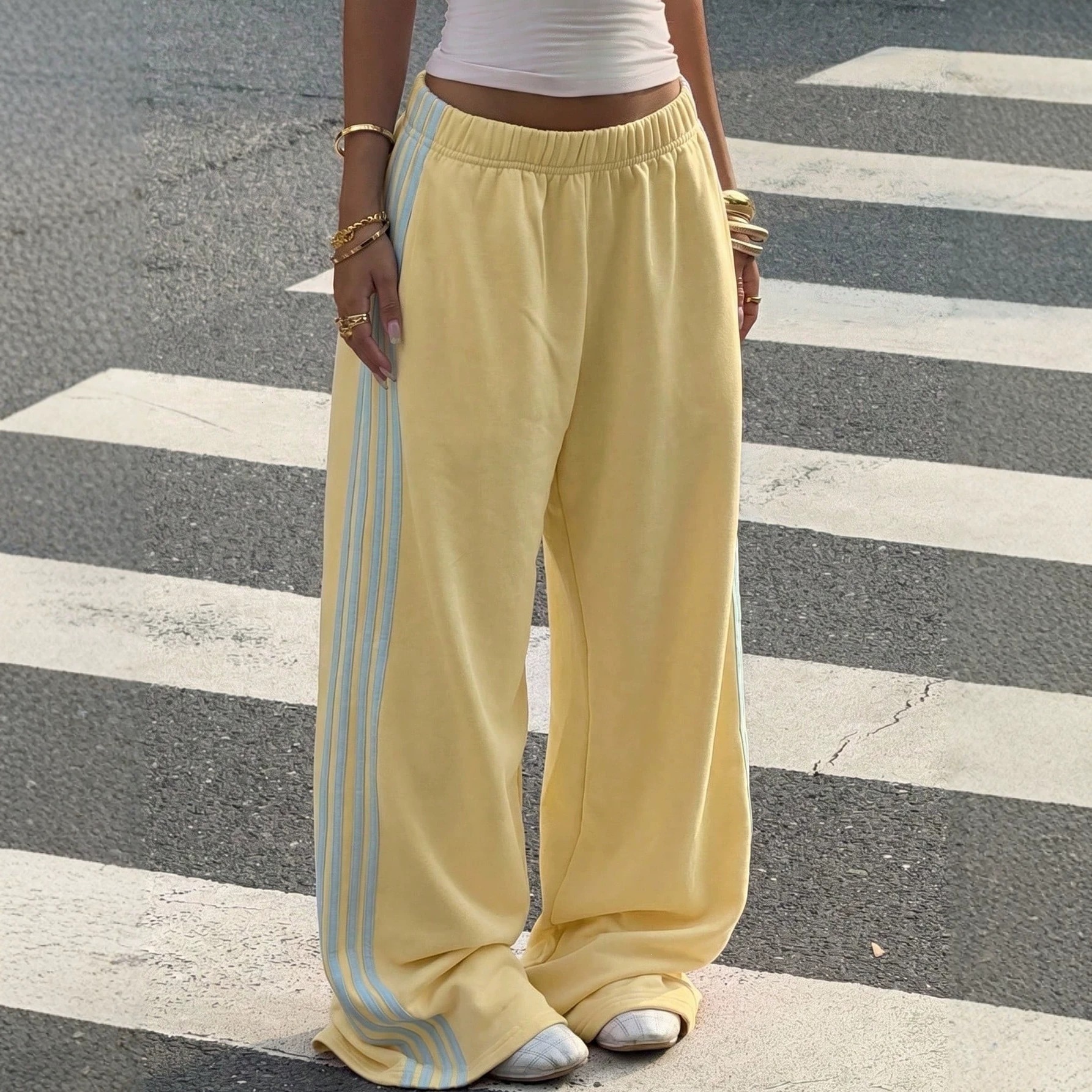 Luxury Women's 2026 Autumn American-Style Loose-Fitting Floor-Length Knit Patchwork Pink Ribbon Wide-Leg Casual Sports Pants