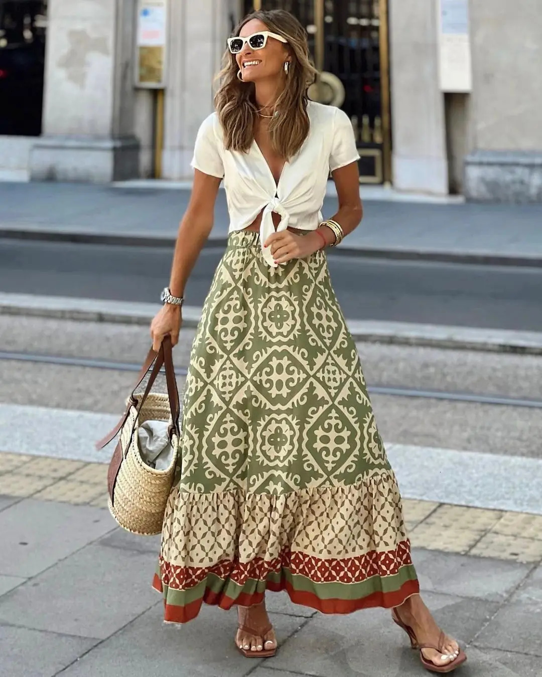 Women's Elastic Waist Printed Large Swing Skirt Boho Spliced Midi Skirt Suitable for Beach and Daily Wear 260923