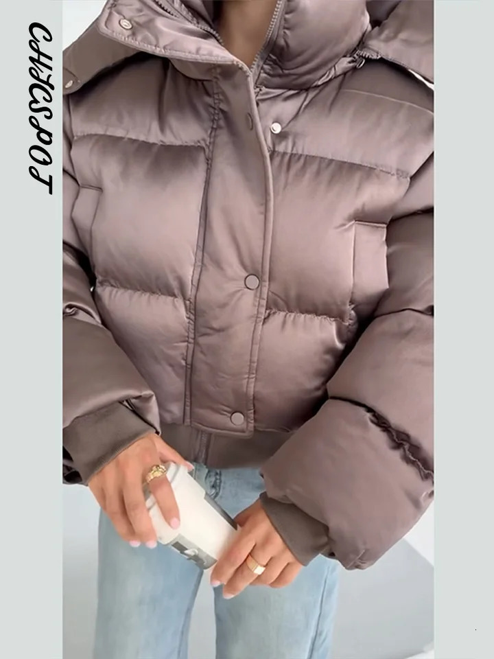 Women's Padded Jackets Hooded Stand Collar Zipper Cropped Coats Winter Female Lantern Sleeves Solid Loose Jacket Outerwears260921