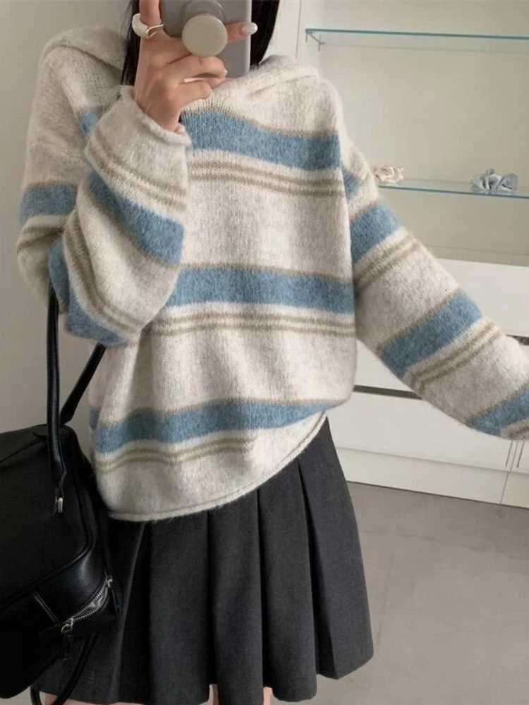 Women's Sweaters Korean Lazy Style Striped Hooded Women's Sweater Autumn Winter Loose Drop Shoulder Stripe Soft Pullover Casual Versatile